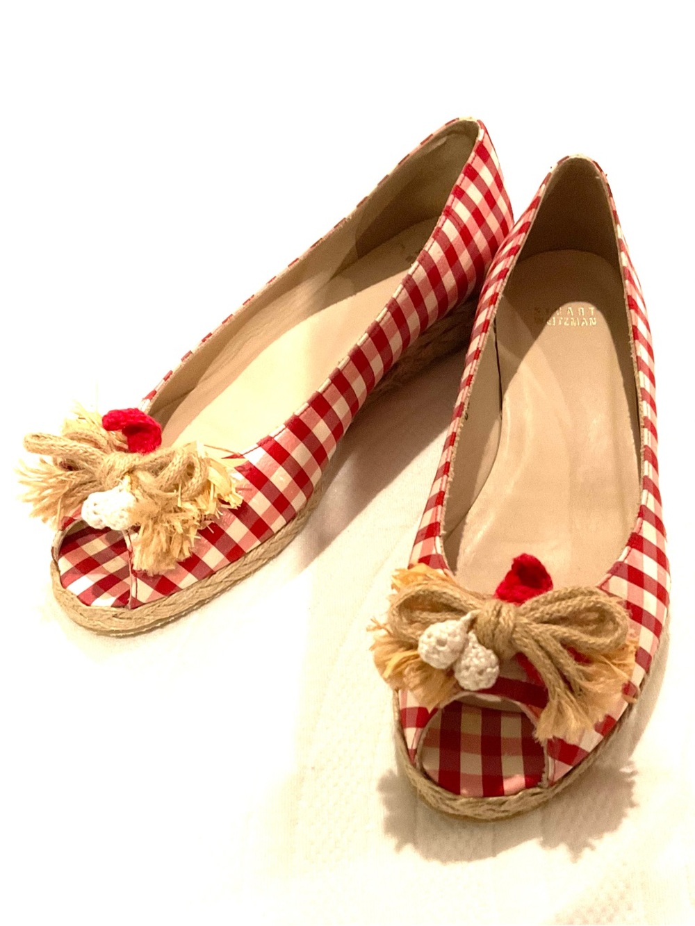 Stuart Weitzman Red and Cream Gingham Espadrille Flats 9M - Picture 7 of 8